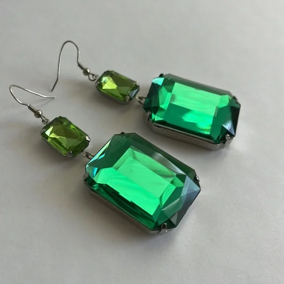 Large Shades of Green Bejeweled Dangle Earrings - Picture 3 of 5
